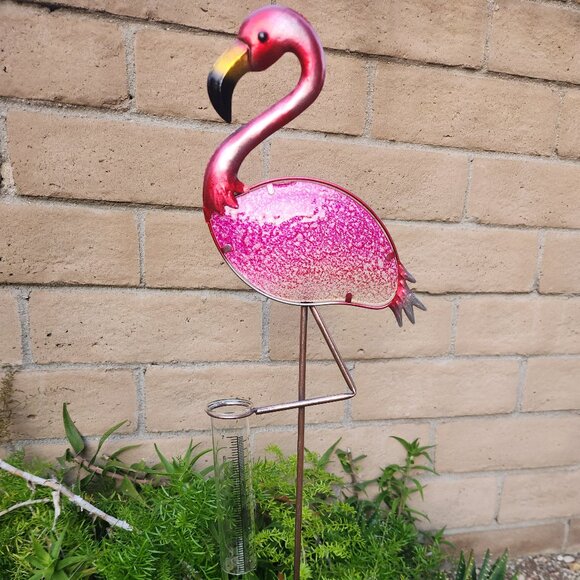 40" H, Glass and Metal Flamingo Rain Gauge Stake Including Large Glass Tube - Picture 4 of 6